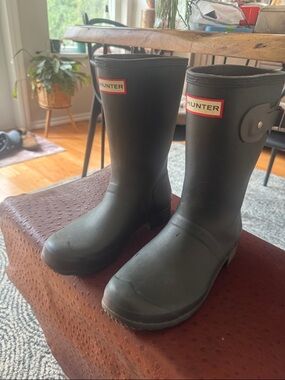 Hunter Black Mid-Calf Rain Boots with Red Logo